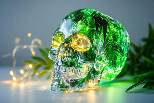 Minimalist close-up of transparent crystal skull Generative AI