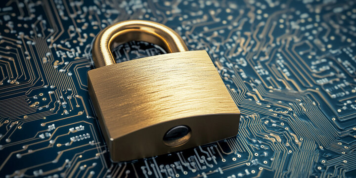 Close-up of a golden padlock on a circuit board Generative AI