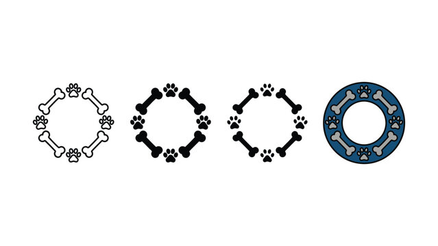 Set of four circular frames made from dog bones and animal paw prints isolated on white background