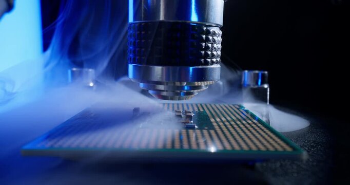 Slow motion microscope control quality of AI microchip on workbench in electronics lab, probe view.