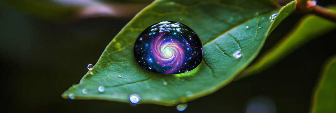 Close-up of a water droplet on a leaf showing a galaxy Generative AI