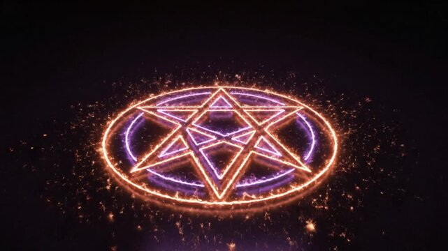 Glowing star inside a circle animated video footage displaying intense magical energy with bright orange and purple particle light effects