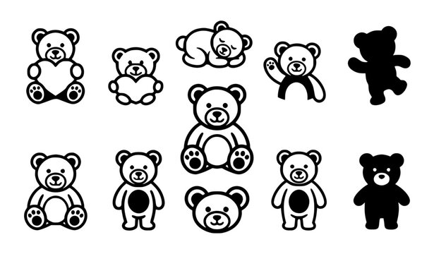 Cute Teddy Bear Pictogram Vector Set, Playful Toy Characters and Mascot Symbols