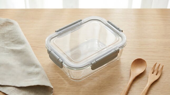 Empty glass food storage container with grey lid on a wooden table with wooden spoon and fork set. spill proof container
