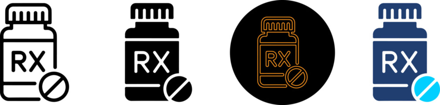 Set of medical pill bottle icons with rx prescription label