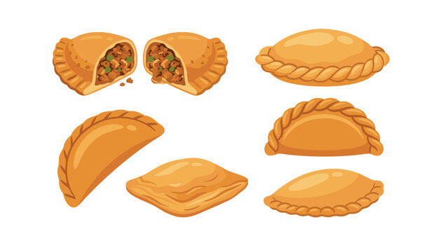 A vector illustration collection of golden fried empanadas, featuring savory meat filling halves, braided crusts, isolated on background.