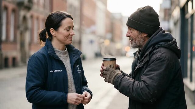 Female volunteer giving hot coffee to a man on a city street