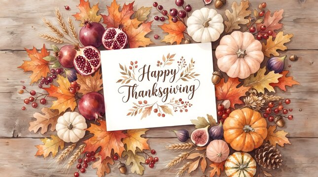 A beautiful rustic flat lay composition with pumpkins and autumn leaves surrounding a card that says happy thanksgiving on a wooden background