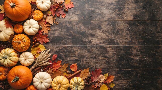 A festive rustic wooden background featuring colorful pumpkins and autumn leaves to celebrate a happy thanksgiving holiday season with copy space for text