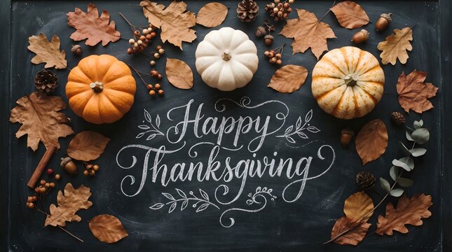 A festive flat lay composition featuring pumpkins and autumn leaves on a dark wooden background with a beautiful happy thanksgiving hand written message