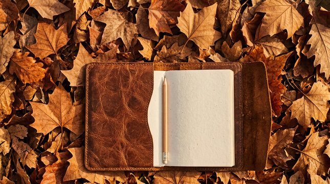 Open vintage leather journal with wooden pencil lying on a dense bed of dry autumn leaves under warm golden sunlight, creative workspace in nature, rustic flat lay photograph.