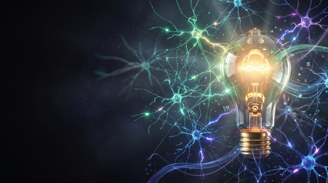 Glowing lightbulb with electric neural network connections representing innovation and ideas concept