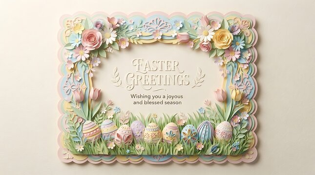 Vintage easter card with watercolor floral frame and cute bunny illustrations