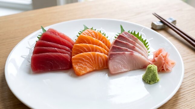 A beautifully arranged plate of fresh sashimi featuring tuna, salmon, and white fish, served with wasabi and pickled ginger on a wooden table.