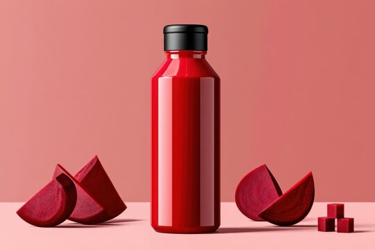 Red juice bottle with black lid and beetroot slices on a minimal pink studio background