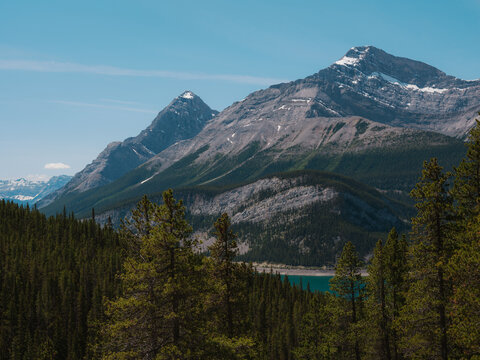 High angle view  of turquoise lake in Canadian Rockies 