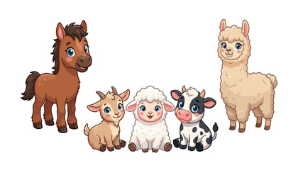 Fototapeta premium A cute vector illustration of baby farm animals, featuring horse, goat, sheep, cow, alpaca, isolated on background.