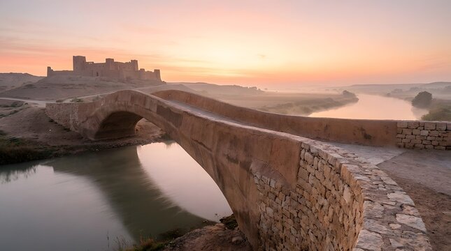 Ancient stone castle walls overlooking a calm river during a beautiful golden hour sunset landscape
