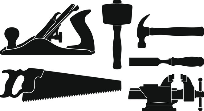 Carpentry Woodworking Tools Bench Vise and Saw Silhouette Vector Set