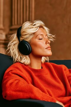 Relaxed blonde woman listening to music with headphones while wearing a red sweater and eyes closed