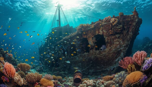 Sunken historic shipwreck resting peacefully under blue ocean waves surrounded by vibrant tropical fish and colorful coral reefs in water