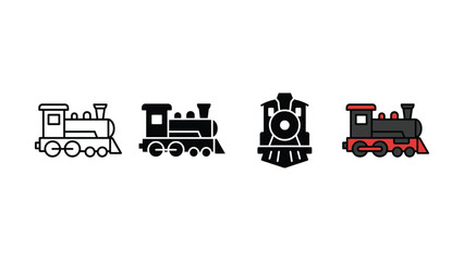 Set of four different stylized steam locomotive train icons in outline solid and colored vector graphic design styles © abdur