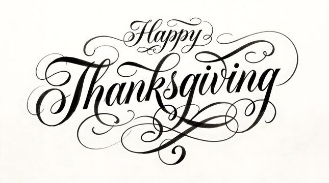 A beautiful black and white happy thanksgiving calligraphy design with elegant flourishes and decorative swirls isolated on a clean white background surface