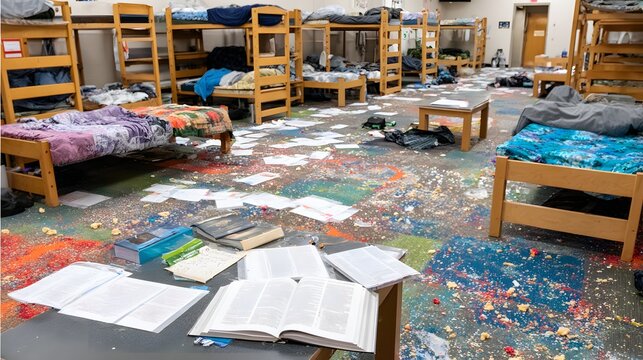 with bunk beds covered in blankets textbooks open on floor and snack crumbs everywhere