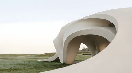 Modern architectural structure with organic curved lines set against a minimalist landscape and bright sky