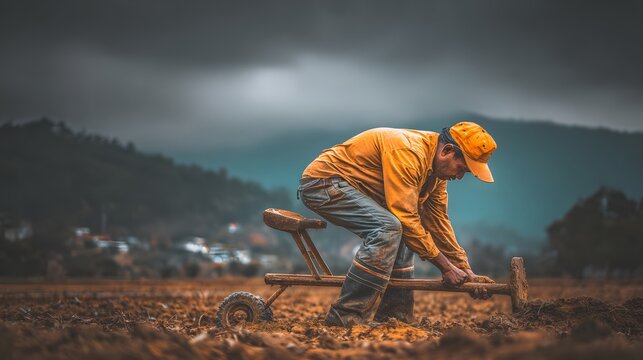 in muddy field while tractor tire sinks deeper into wet soil under grey sky
