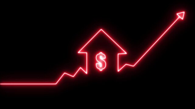 Real estate market growth neon graph with dollar sign. Home icon house sign neon lights animation with up arrow Dollar increase. 
