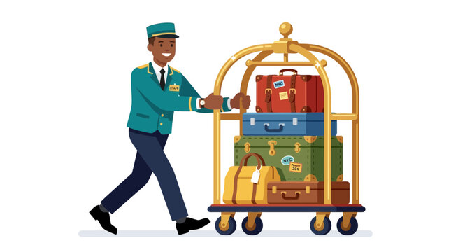 Hotel Bellhop Pushing Luggage Cart Vector Illustration