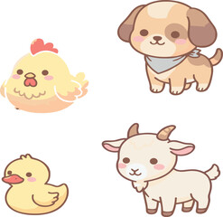Fototapeta premium Cute pastel kawaii farm animals sticker set with funny cartoon puppy baby goat chicken and duckling vector illustrations isolated on white background