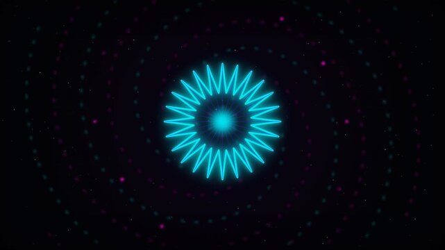 Glowing blue neon star shape pulsing over rotating spiral particle background, perfect for VJ loops, concert visuals and music videos