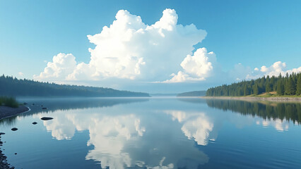 Fototapeta premium Mirror Lake Reflecting Cloud Sky Text Overlay