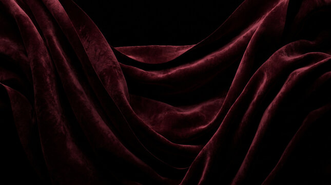Abstract 3D floating burgundy velvet ribbons in a dark void for premium elegant background.