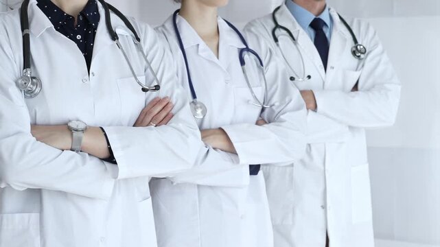Medical team standing with arms crossed, representing healthcare professionalism, clinic collaboration, and dedicated medical expertise in a hospital setting