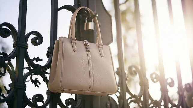 Beige leather handbag hanging on an ornate black metal gate, a shiny padlock secures the handle, warm sunlight creating lens flare