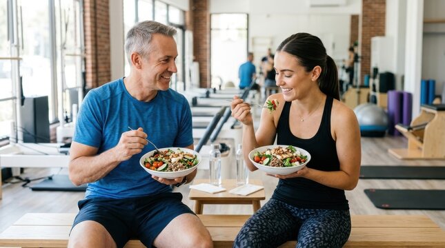 Fit couple eating healthy salad bowls after workout in modern pilates fitness studio gym