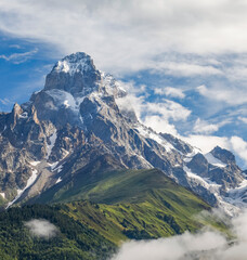 Obraz premium Panoramic summer landscape with Ushba mountain snowy peaks (4710m), Caucasus Mountains, Zemo Svaneti, Georgia 