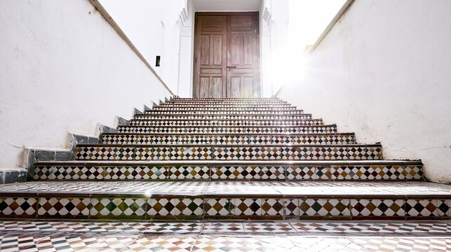 Moroccan inspired staircase featuring colorful geometric tiles leading upwards to a rustic wooden door, sunlight creating a lens flare