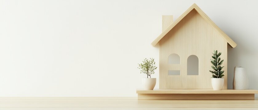 Simple wooden house model with potted plants on a shelf, embodying minimalist home decor with copy space