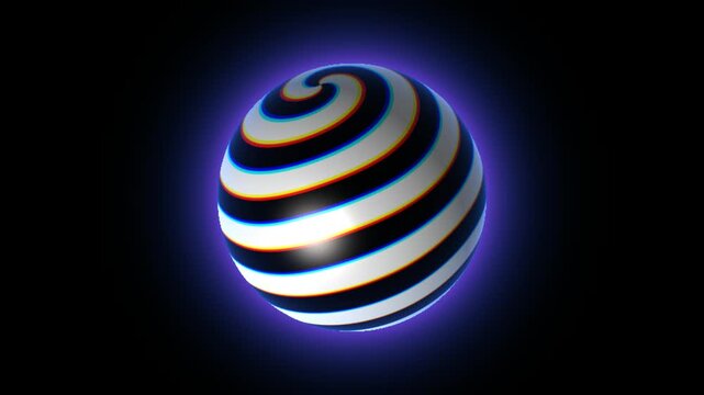 Rotating 3 d sphere with hypnotic spiral pattern and chromatic aberration effect abstract