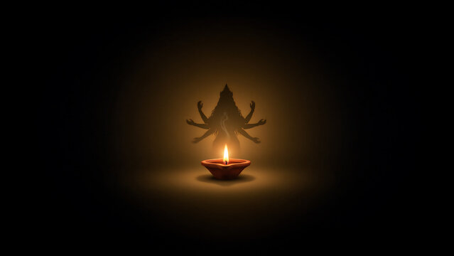 Small burning clay oil lamp with a faint silhouette of a multi-armed deity of ma kali in dark background silhouette darkness