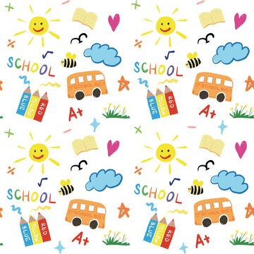 Hand Drawn Elementary School Doodle Seamless Pattern with Crayon Drawings