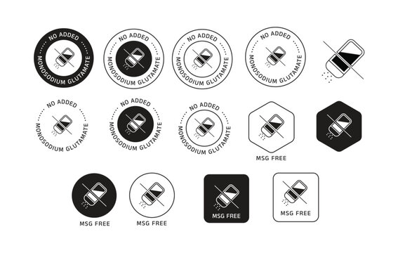 No Added Monosodium Glutamate and MSG Free badges, labels, stamps and icons featuring a crossed-out seasoning container symbol. VECTOR ILLUSTRATION