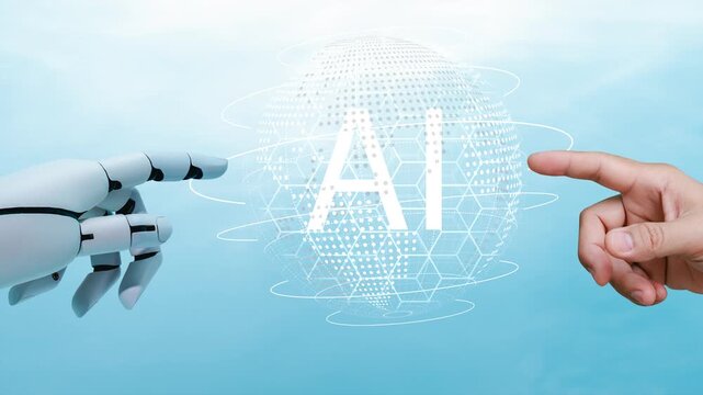Human hand and robot hand touching virtual glowing AI globe icon on bright blue sky background, representing human robot collaboration, artificial intelligence technology, and global network concept.
