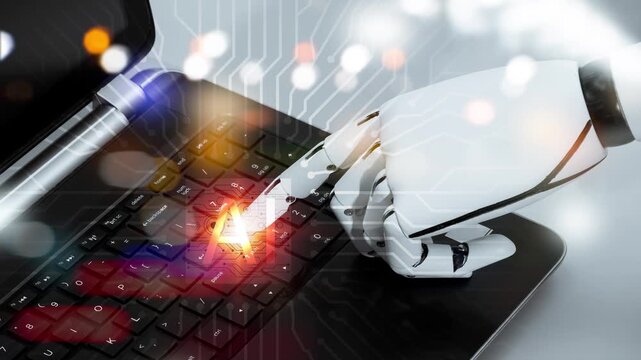 Robot hand pressing enter key on laptop keyboard with virtual glowing AI icon, representing artificial intelligence technology, automated business process, machine learning, and innovation concept.