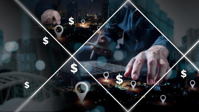 Businessman hand touching virtual location pin icon on night city background, representing real estate investment, business expansion, financial location strategy, navigation, and place tracking conce