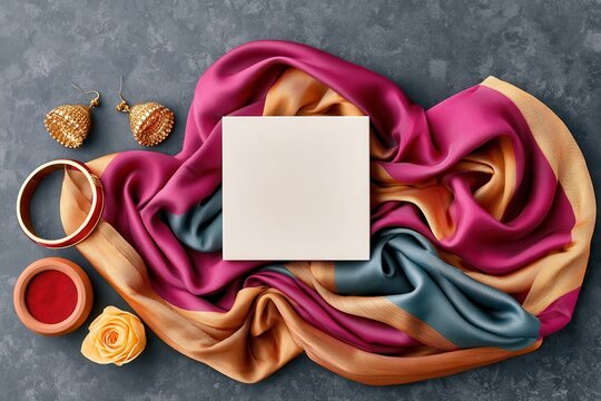 Diwali fashion fabric flat lay mockup with silk scarf, jewelry, bangle and festive colors